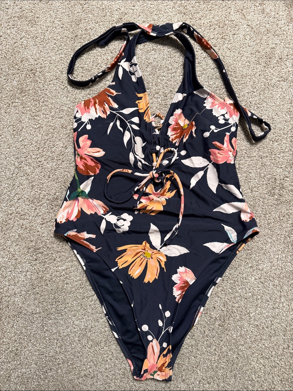 Cupshe Navy Floral One-Piece Swimsuit with Lace-Up Front and Halter Tie